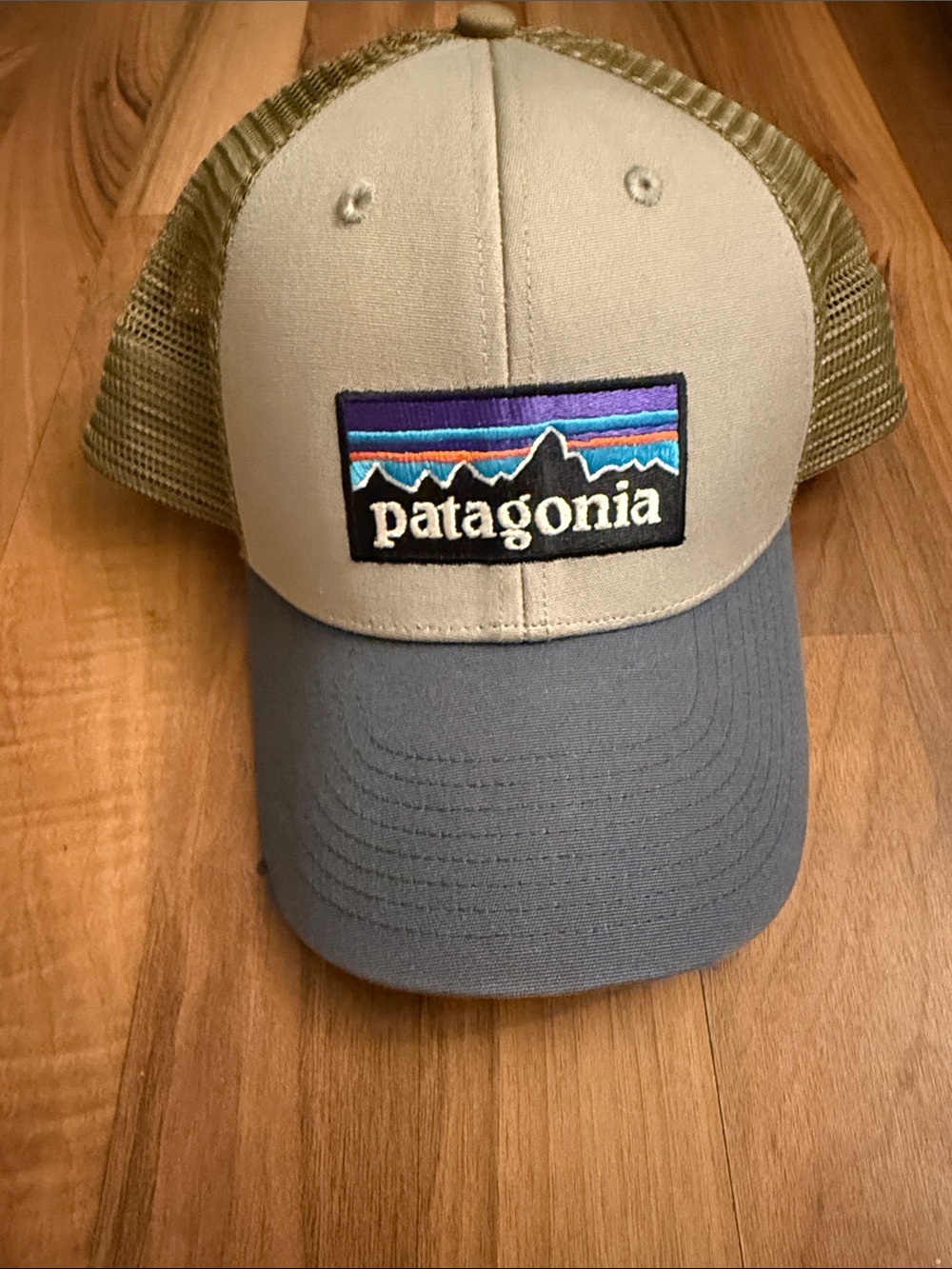 Patagonia Trucker Hat in Cream, Olive and Blue with Logo Patch